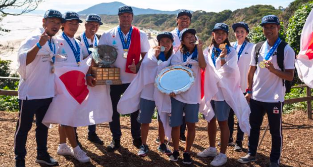 Team Japan puts their Gold Medals on display after taking the Team Title at the 2018 ISA World Surfing Games in Tahara, Japan. (Photo: ISA / Sean Evans)