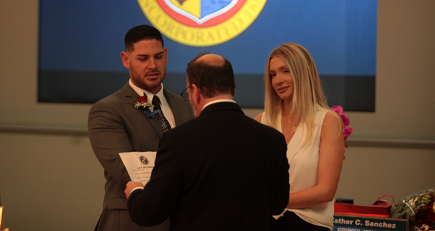 Oceanside's newest Council-member, Christopher Rodriguez and his wife, Sarah.