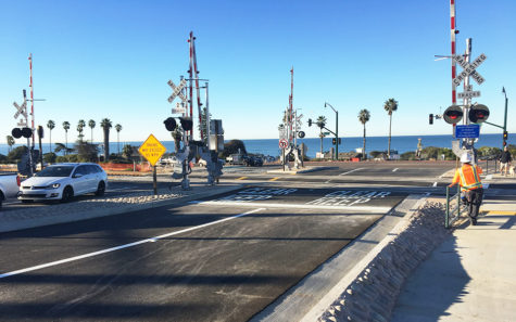 Light traffic crosses the newly reopened Chesterfield Drive rail crossing at San Elijo Avenue in Cardiff on Jan. 23. (SANDAG courtesy photo)