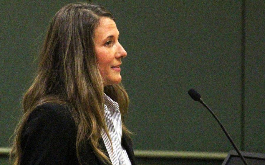 Kellie Shay Hinze makes remarks during the Encinitas City Council meeting Jan. 9 ahead of a council vote appointing her to fill a vacant seat. (Photo by Scott Chatfield)