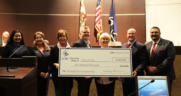 Left to right: Council Member Corinna Contreras, Council Member Amanda Young Rigby, Dr. Bronner CFO Trudy Bronner, Dr. Bronner COO Michael Milam, Mayor Judy Ritter, Deputy Mayor John B. Franklin, and Council Member Joe Green. (Photo courtesy: City of Vista)