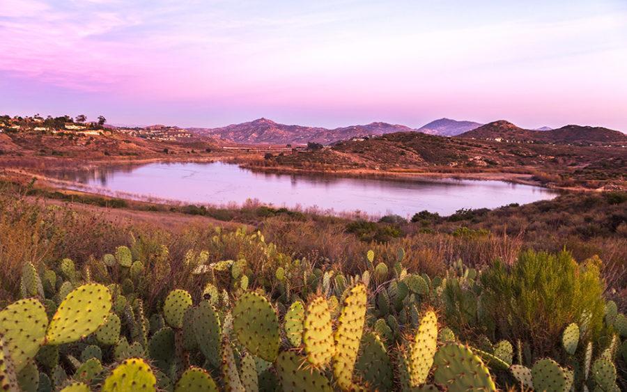 Lake Hodges is shown at sunset in February 2018 looking east toward the pedestrian bridge, visible in the far distance. (Photo by Autumn Sky Photography; iStock Getty Images)