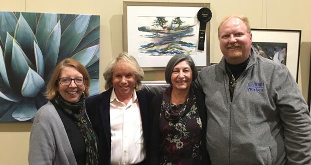 Pictured from left, are: Julia Fister, Kene Lohmann, Ranka Vukmanic and Dan Kasperick. Behind them is the watercolor painting by Kene Lohmann, titled Torrey Pines. (courtesy photo)