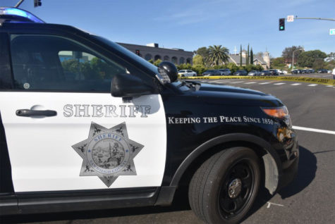 The San Diego County Sheriff’s Department stands guard in front of Chabad of Poway on April 27 after a shooting at the house of worship. (Sheriff’s Department photo)