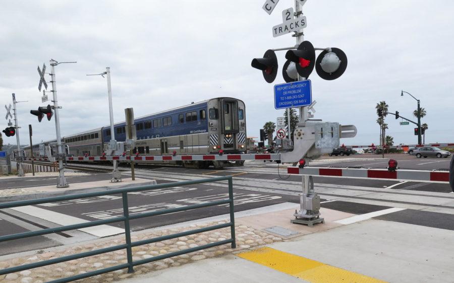 An Amtrak Surfliner passes through the new Quiet Zone crossing at Chesterfield Drive in Cardiff on Wednesday morning, May 1. (Encinitas city photo)