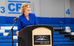 CSU San Marcos incoming President Ellen Neufeldt addresses members of the campus community during an open forum on April 11 at The Sports Center. (CSUSM photo by Andrew Reed)