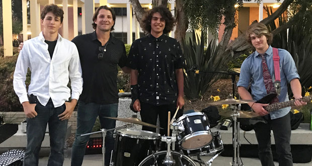 Indie rock band The Elements with 5-time Olympian Tony Azevedo at The Aquatic Games June 29, 2018 at California State University, Long Beach. This year, The Elements will kick off off the Opening Ceremonies June 21 at California State University, Long Beach. From Left: Eli Anderson, Tony Azevedo, Dylan Herrera and Julian Boyer.