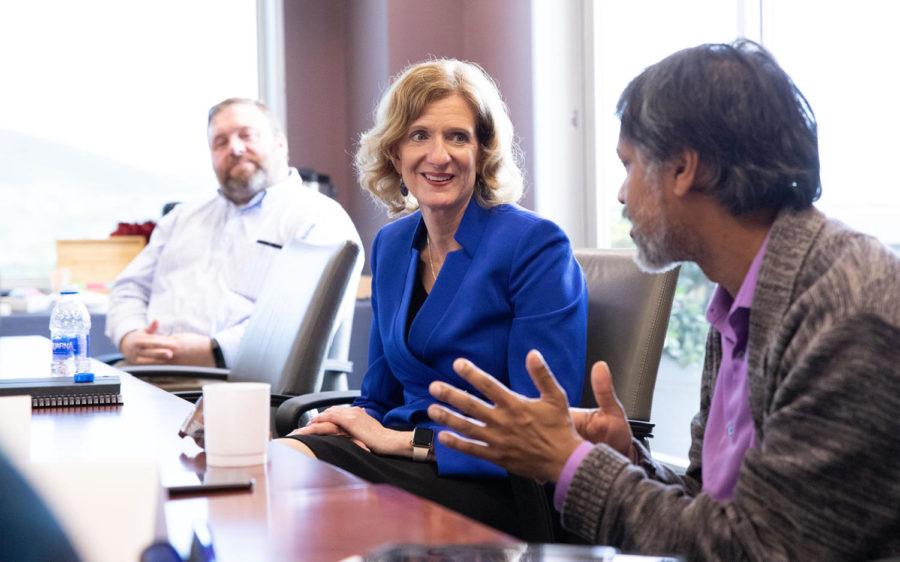 CSU San Marcos President Ellen J. Neufeldt meets with members of the academic senate April 12 during her tour of the campus. She officially took office July 1. (CSUSM photo by Andrew Reed)