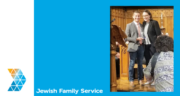 Jewish Family Service receives the 2019 Light of Pride Award. JFS COO Dana Toppel (right) accepted the award on behalf of JFS from Executive Director of San Diego Pride Fernando Lopez.  (Courtesy photo)