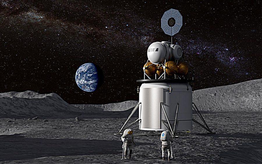 A NASA illustration shows a human landing system and crew on the lunar surface with Earth near the horizon. (NASA photo)