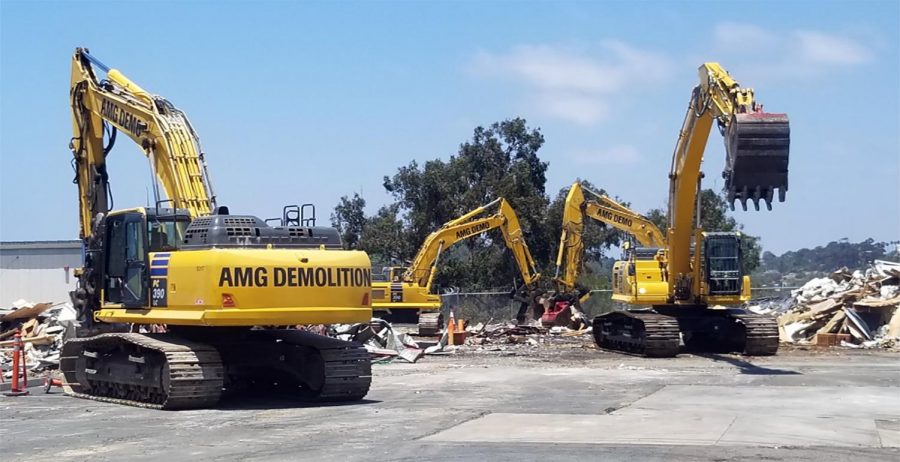 Demolition crews take down buildings in early July at Sunset High School in Encinitas. The campus is being fully rebuilt. (San Dieguito Union High School District project photo)