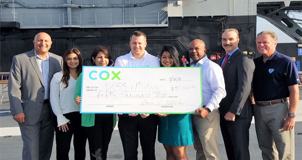 From left, Sam Attisha (SVP/Region Manager for Cox), Cox employees Maribel Valenzuela, Adriana Mendoza, Eric Wall, Bernadette Maultsby, Sean Packnet, Ingo Hentschel, Mac McLaughlin (President/CEO of USS Midway Museum)
Maribel is a military spouse. Eric, Sean, and Ingo are military veterans. (Courtesy photo)

