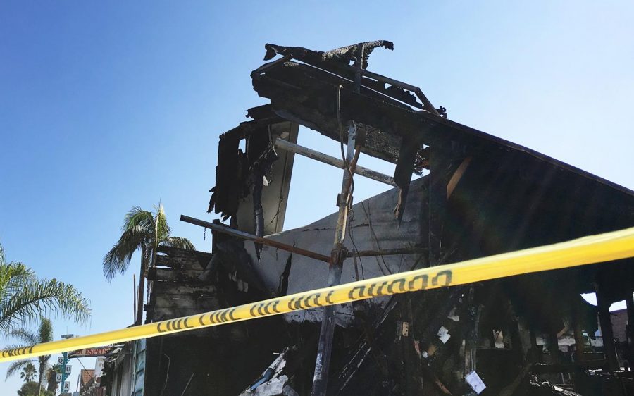 Authorities are still investigating the cause of a fire that destroyed the site of four businesses, pictured Oct. 8, in Leucadia on Sept. 30. (Photo by Roman S. Koenig)
