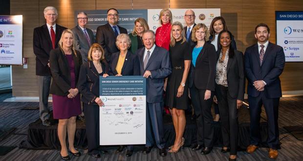 Back, (L-R): Dr. Robert Smith, VA San Diego Healthcare System; Dan Gross, Sharp Healthcare; Dimitrios Alexiou, Hospital Association of San Diego and Imperial Counties; Kimberly Gallo, County of San Diego Health and Human Services Agency; Robin Gomez, Alvarado Hospital Medical Center; Steve Dietlin, Tri-City Medical Center; Gemma Rama-Banaag, Paradise Valley Hospital;
Front (L-R): Patty Maysent, UC San Diego Health; Mary West, West Health; Chairwoman Dianne Jacob, County of San Diego; Gary West, West Health; Shelley Lyford, West Health; Dr. Valerie Norton, Scripps Health; Sheila Brown, Palomar Health and Dr. Adam Schwartz, Kaiser Permanente.
(courtesy photo)