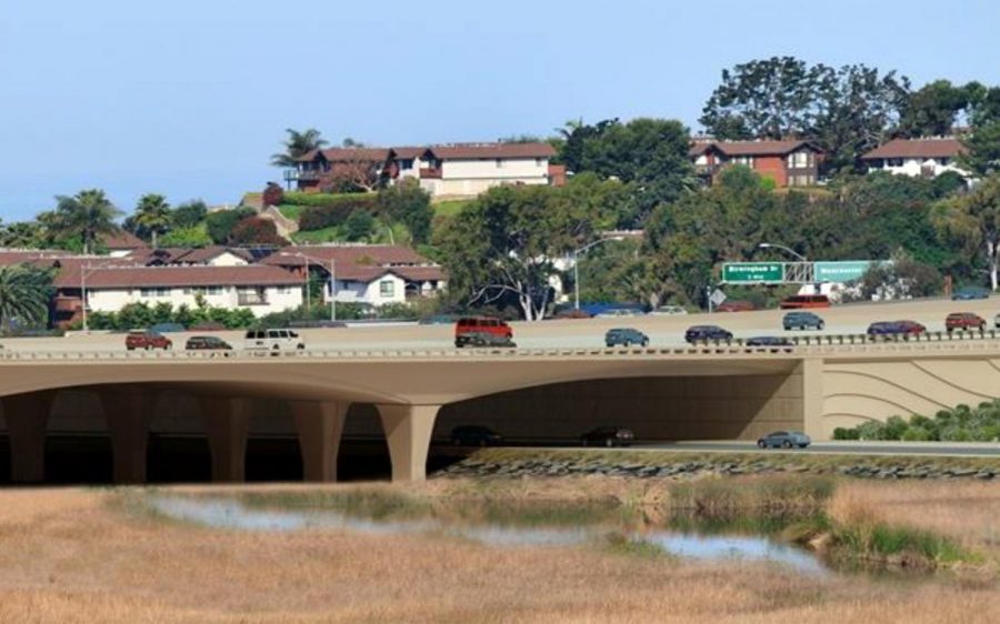 An architect’s rendering shows what the completed Interstate 5 bridge should look like, looking northwest toward Manchester Avenue in Encinitas. (SANDAG illustration)