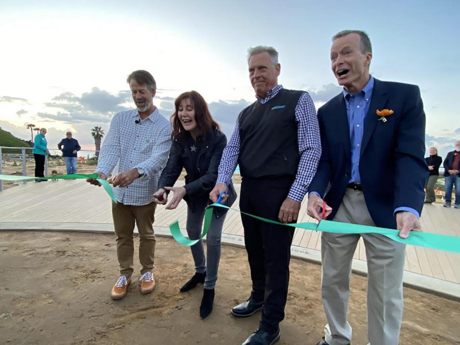 Nature Collective Director Doug Gibson (far left), Solana Beach Mayor Jewel Edson, Harbaugh Foundation DirectorJoe Balla and Doug Gillingham, Immediate Past President of Nature Collective (far right), celebrate the opening of the Harbaugh Seaside Trails at San Elijo Lagoon on Feb. 22. (Photo by Jewel Edson, Nature Collective)