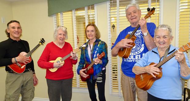 La Costa Glen ukulele instructor Gerry Rahill (left) with residents Katherine Pond, Val Mackay, Karl Gronbach and Sherry Engelman. (courtesy photo)