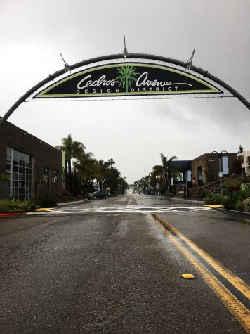 The Cedros Design District in Solana Beach is mostly empty on a rainy Friday, April 10, during the current statewide COVID-19 coronavirus closures. (Photo by Roman S. Koenig)