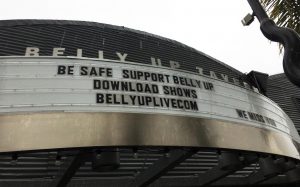 The Belly Up Tavern in Solana Beach declares “We Miss You” to the community on a rainy Friday, April 10. The music venue is among numerous businesses shuttered during the COVID-19 coronavirus pandemic. (Photo by Roman S. Koenig)