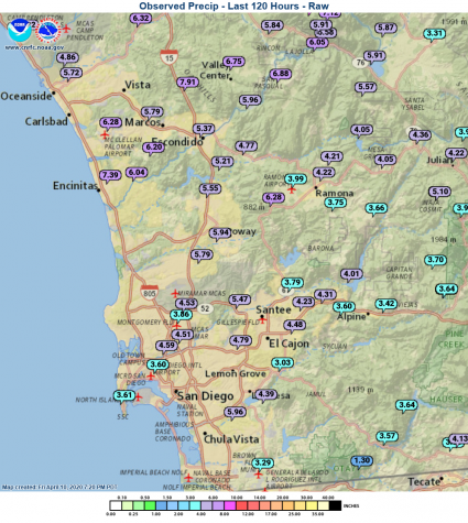 San Diego County five-day rain totals. (National Weather Service)