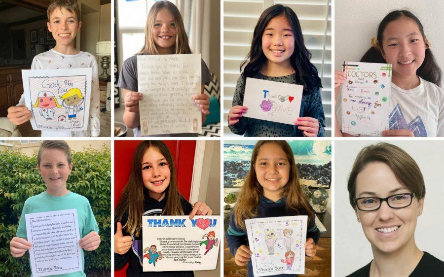 Santa Fe Christian fifth graders show their messages to Sharp healthcare workers. Top row, left to right: Calvin Barno, Anna Barr, Samantha Kim and Aspen Lee. Bottom row, left to right: Quinn Nikkel, Presley Seedig and Jaya Yuskiewicz. Lower right corner: teacher Cynthia Nixon. (Photos of Santa Fe Christian Schools)
