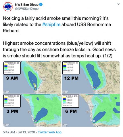 The National Weather Service in San Diego shared a foreacast map via Twitter on Monday, July 13, showing the movement of smoke from a fire aboard the USS Bonhomme Richard.