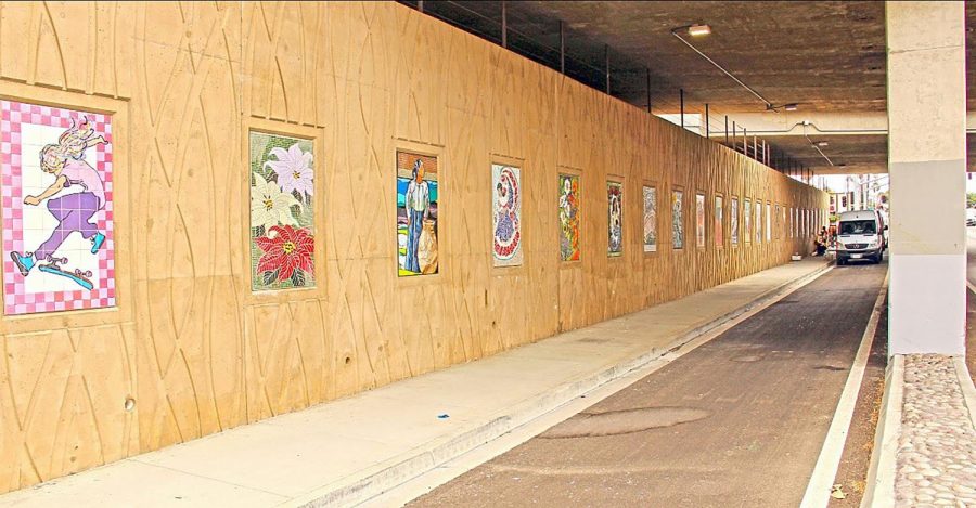 Fifty-three mosaics, some of which are pictured here in late August, have been installed at the Santa Fe Drive undercossing at Interstate 5 in Encinitas. (Photo by Jim Gilliam, courtesy of the city of Encinitas)