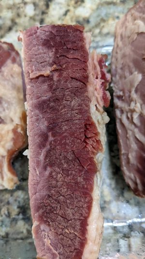 Homemade corned beef, properly cut. (Photo by Laura Woolfrey Macklem)