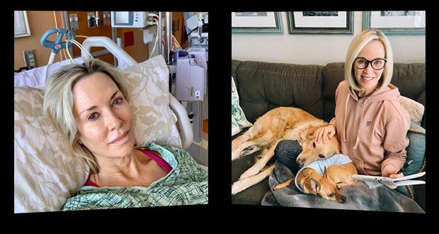 (L)Barbara-Lee Edwards  in the hospital and at home with her dogs (R) (courtesy photos)