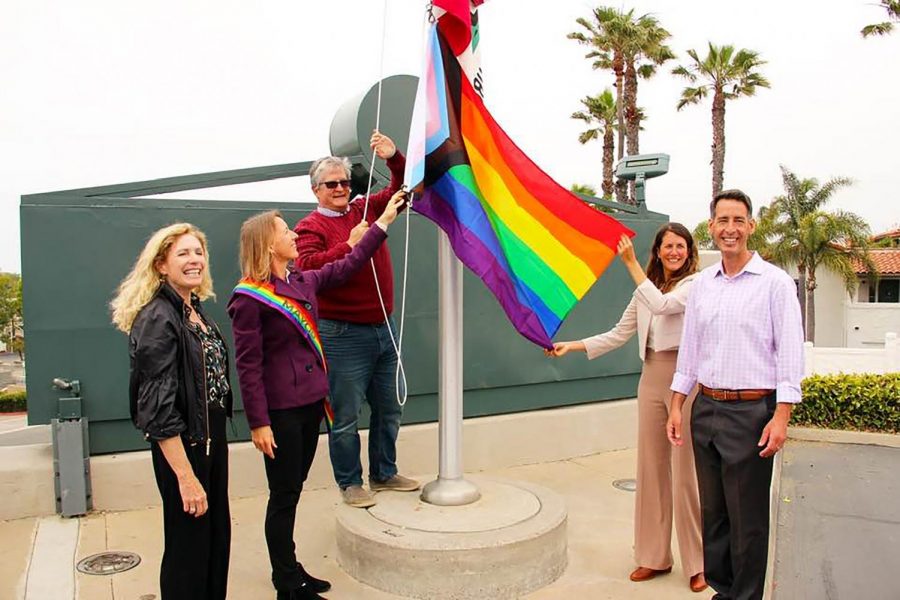 Encinitas City Council members (left to right) Joy Lyndes, Mayor Catherine Blakespear, Tony Kranz, Kellie Hinze and Joe Mosca prepare to raise the Progress Pride Flag on June 2 at the Encinitas Civic Center. (Photo courtesy of Scott Chatfield)