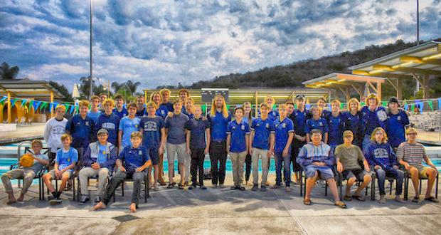 The San Dieguito Academy Boys Water Polo Team’s first fundraiser of the season is September 28 at Encinitas Oggi’s.
The team is led by varsity coach Collin Stewart, standing front row centered
(Courtesy photo)