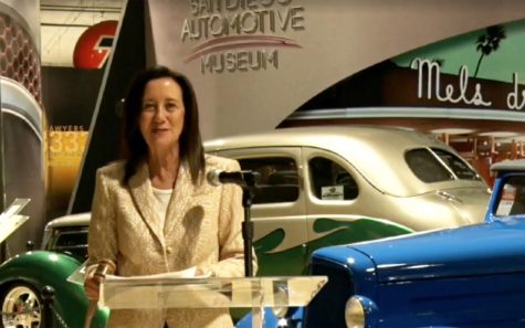 San Diego Press Club board President Eileen Gaffen announces award winners during a live online presentation Oct. 25 from the San Diego Automotive Museum. (Press Club image)