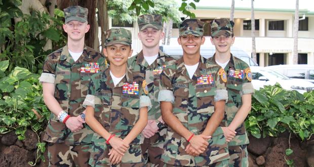 L to R: YM/ MGySgt Ethan Mayer, YM/ LCPL Aaron Vanderlipe, YM/ MSgt Andrew Mayer, YM/GySgt Joseph Lozano, and YM/Sgt Ezequiel Loveless (Photo courtesy: Young Marines)