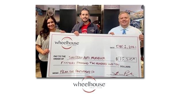 Wheelhouse Credit Union Community Relations Officer Steve Peterson (center) presents a check to Lynn Patrino, Events & Social Media Manager, San Diego Automotive Museum (left), and Lenny Leszczynski, Chief Executive Officer, San Diego Automotive Museum.