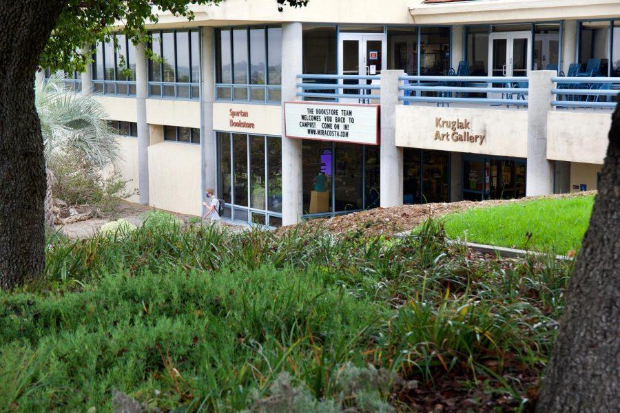 A sign outside the MiraCosta College Spartan Bookstore in Oceanside notes the opening of the fall semester on Aug. 23, 2021. (MiraCosta College photo)