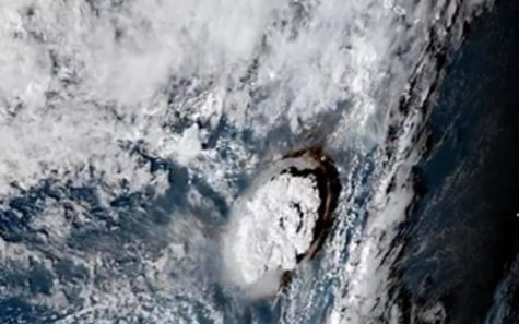 A satellite image shows the eruption of the Hunga Tonga-Hunga Ha'apai in the South Pacific on Saturday, Jan. 15. (Himawari 8 satellite image)