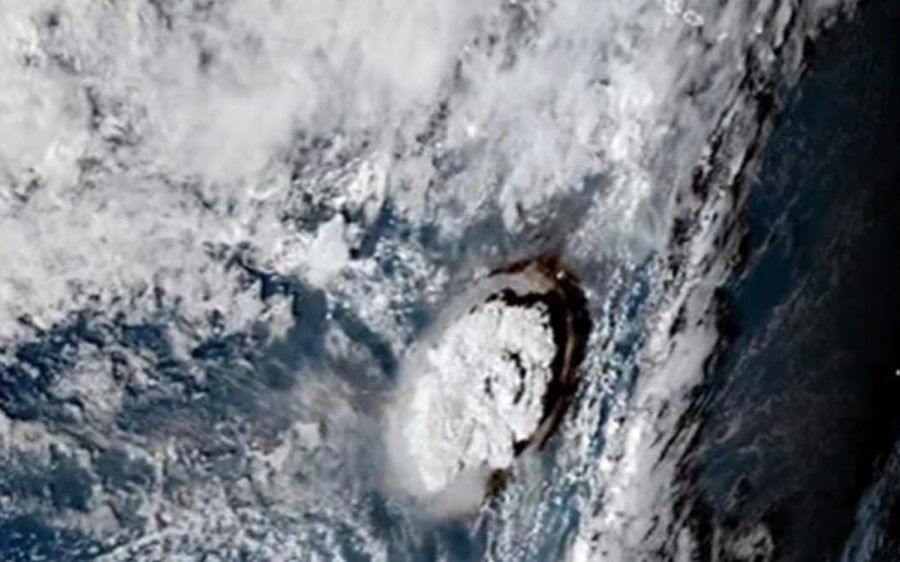 A satellite image shows the eruption of the Hunga Tonga-Hunga Ha'apai volcano in the South Pacific on Saturday, Jan. 15. (Himawari 8 satellite image)