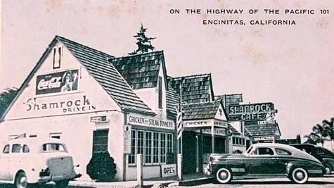 The Shamrock Cafe in the Encinitas community of Leucadia is pictured in a 1940s-era postcard. The building has been the home of Cap’n Keno’s since the 1970s and is now facing demolition for a mixed-use development. (Historical postcard photo)