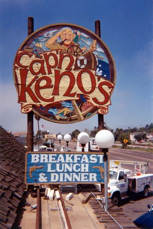 The rooftop sign for Leucadia restaurant Cap’n Keno’s, pictured in the 1990s, is currently off the building for refurbishing. (Encinitas Historical Society photo)