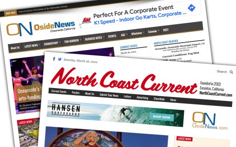 The North Coast Current of Encinitas and OsideNews of Oceanside combined operations on Feb. 22. (North Coast Current graphic)