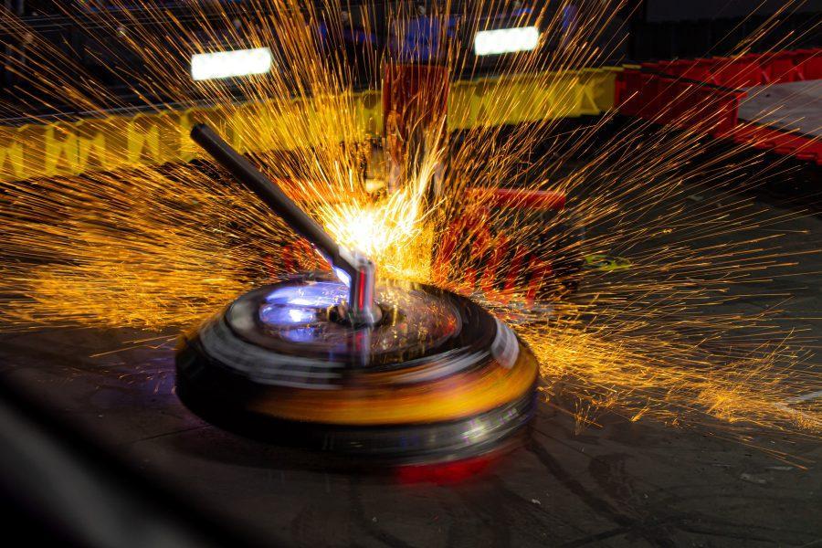 Gigabyte battles Uppercut during the 2021 season of “BattleBots.” The team that built and maintains Gigabyte is based in Oceanside. (BattleBots photo by Jon C.R. Bennett)