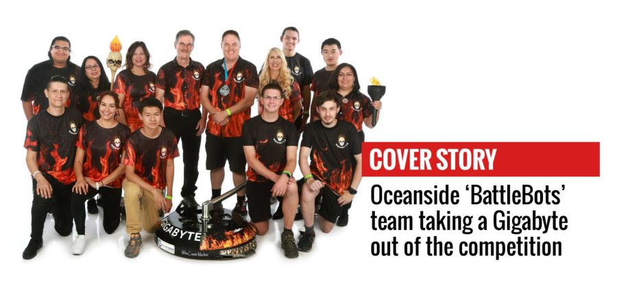 Oceanside “BattleBots” team Gigabyte, led by John Mladenik (center right), started as a hobby project 20 years ago and has grown into a major contender in the televised sport on the Discovery Channel. (BattleBots photo)