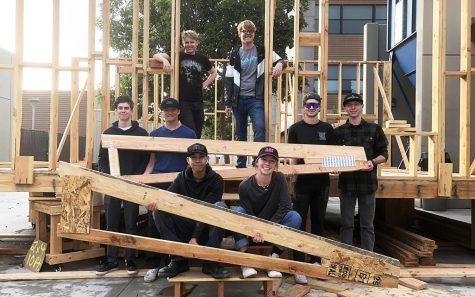 San Marcos High School students show the framework for a Warrior Village Project accessory dwelling unit on Nov. 30, 2019, before the pandemic. (Warrior Village Project photo)