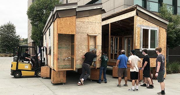 San Marcos High School students reposition the modules of a Warrior Village Project home on Sept. 8, 2020. (Warrior Village Project photo)