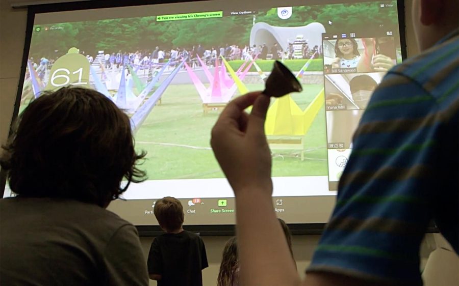 Carlsbad children ring bells along with their counterparts in Futtsu, Japan, during a live Zoom teleconference on Aug. 5. (Carlsbad city image)