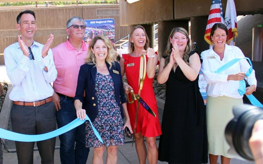 Encinitas City Council members (left to right) Joe Mosca, Tony Kranz, Joy Lyndes, Mayor Catherine Blakespear, former council member and current Assembly member Tasha Boerner Horvath (D-76th District) and Kellie Hinze celebrate the opening of the El Portal Undercrossing on Sunday, Aug. 14. (Encinitas city social media photo)