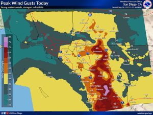 Graphic shows San Diego County wind gust reports from the National Weather Service. (NWS graphic)