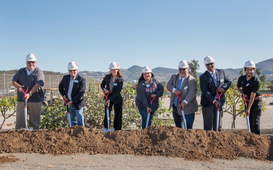 Palomar College officials take part in a groundbreaking ceremony Tuesday, Oct. 18, for the San Marcos community college’s first football stadium since its founding in 1946. A new softball stadium will also be built. (Palomar College photo)