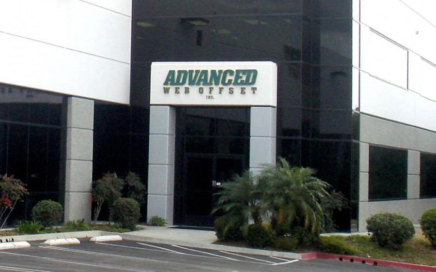 The front of the former Advanced Web Offset printing facility in Vista is shown in an undated photo. The plant, the last of its kind serving San Diego County, was closed in August after it was purchased by an Orange County company. (Publicity photo)