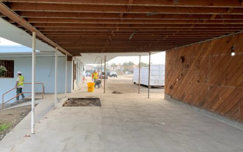 This space at the former Pacific View Elementary School site in Encinitas was originally a covered outdoor area before its conversion to an interior room that was used for decades. The area is exposed again, pictured in early 2023, as the campus is transformed into a city arts center. (Courtesy photo by Tony Kranz)